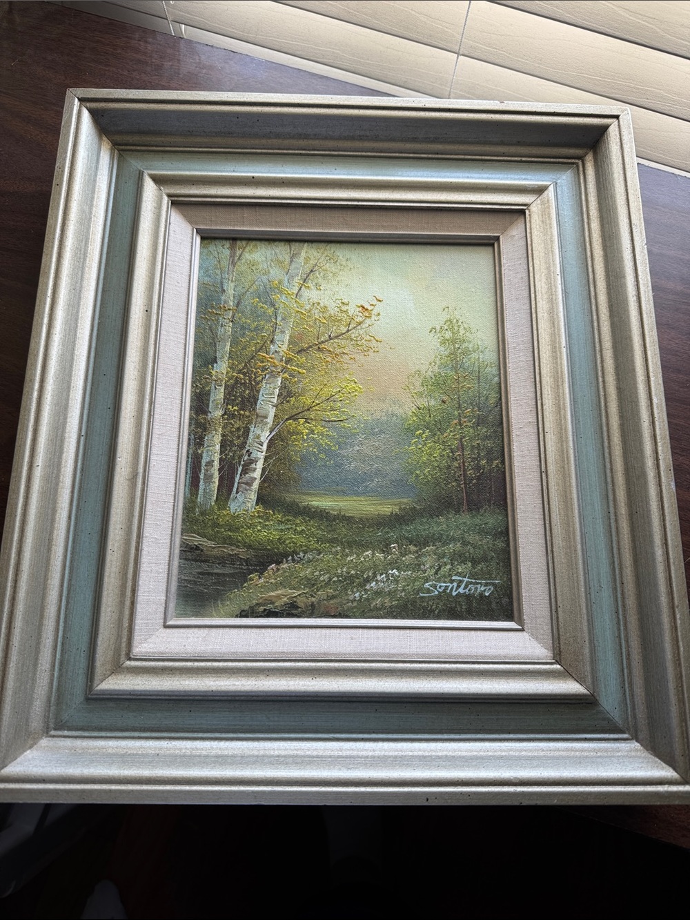 Framed Landscape Art Print in Green and Cream by Santoro